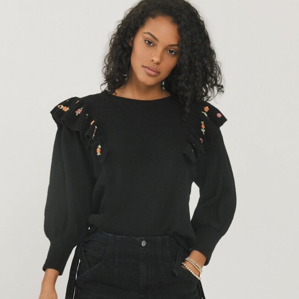 Something Navy Linen blend Louise Embroidered‎ Ruffle Sweater S